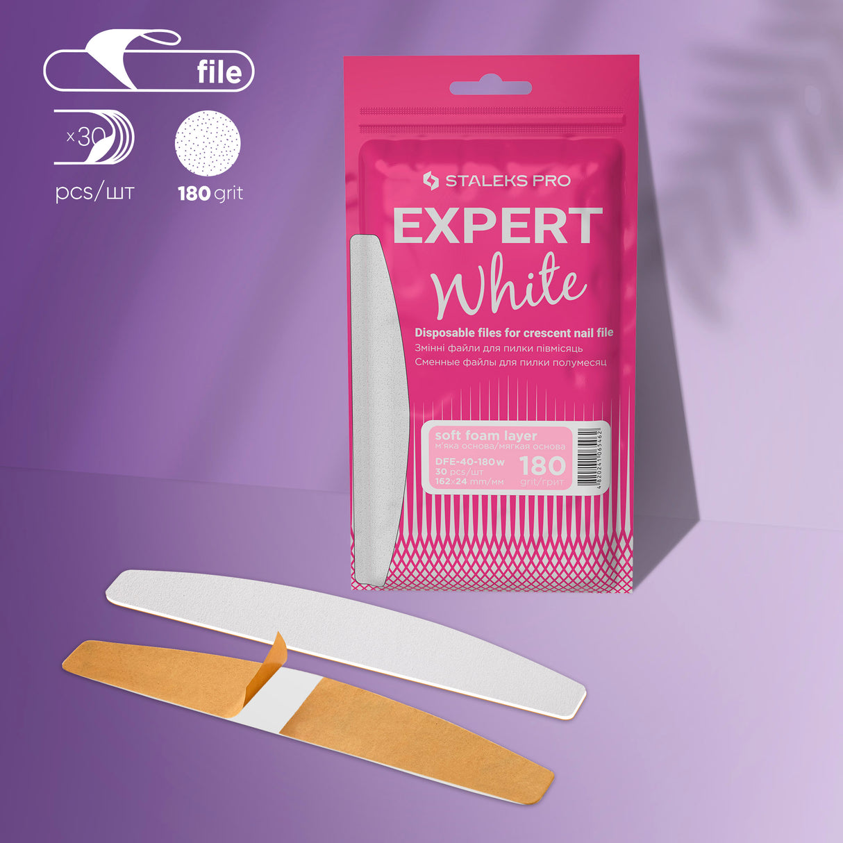 Disposable White Half-Moon Files – Foam layer | EXPERT 40, Grit #180 (30 Units)
