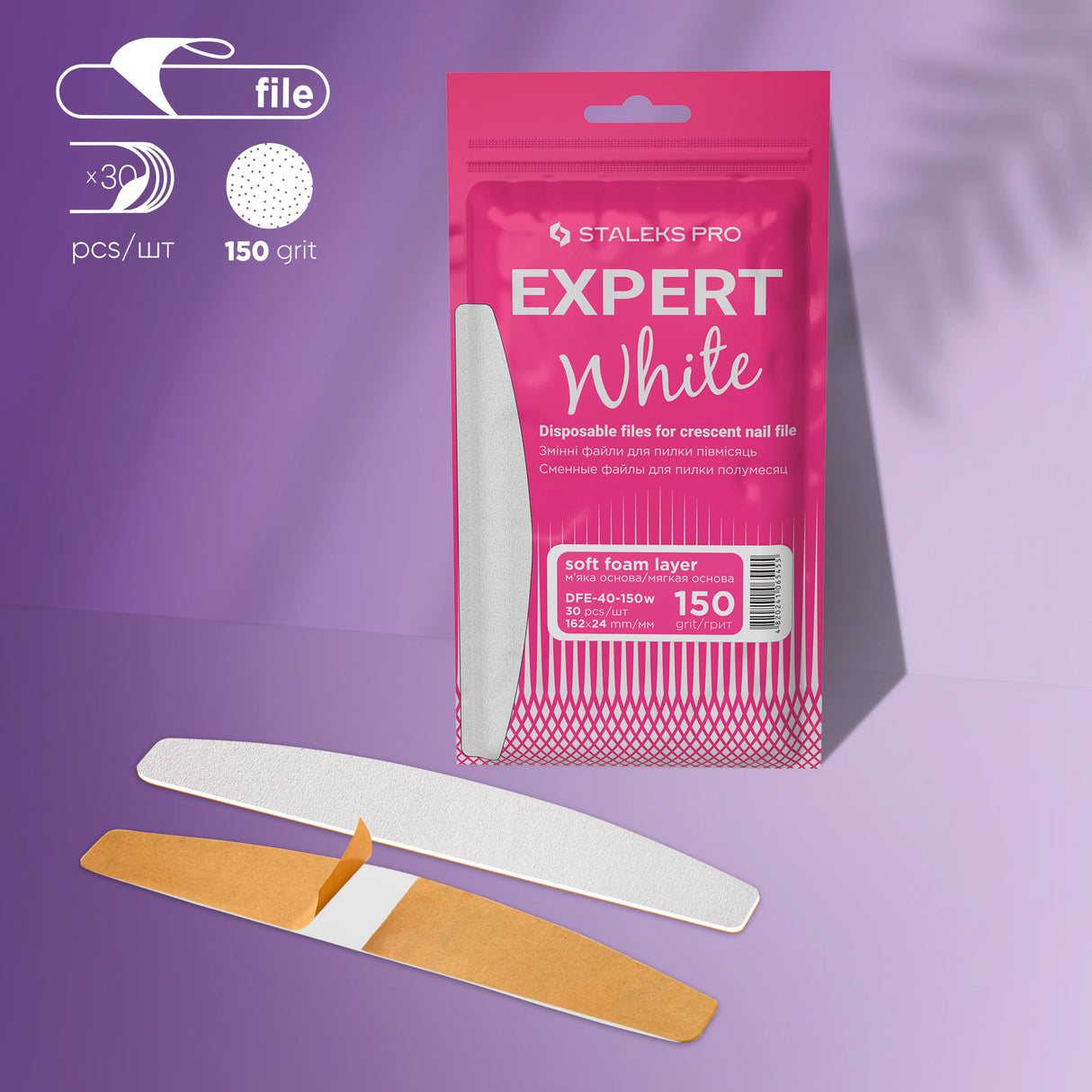 Limas Blancas Desechables Media Luna – Capa de espuma | EXPERT 40, Grano #150 (30 Unidades)