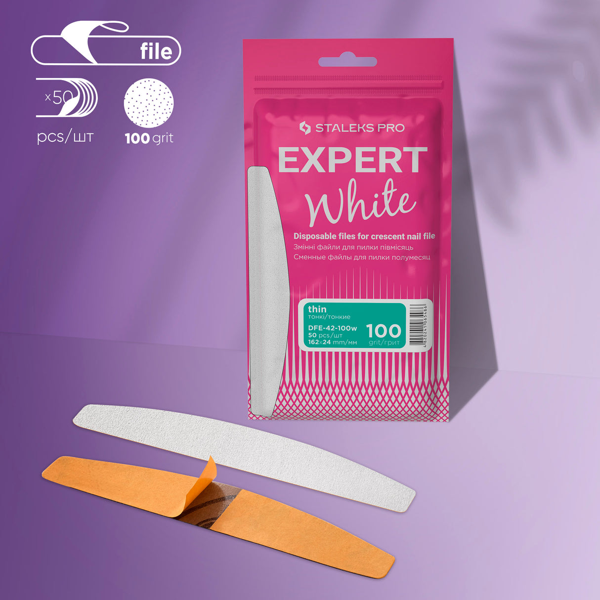 Disposable White Half-Moon Fine Nail Files | EXPERT 42 Grit #100 (50 Units)